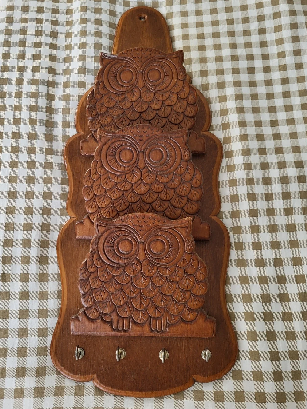 Vintage Mid-Century Modern Wooden Owl Letter Holder Featuring Three Carved Owls